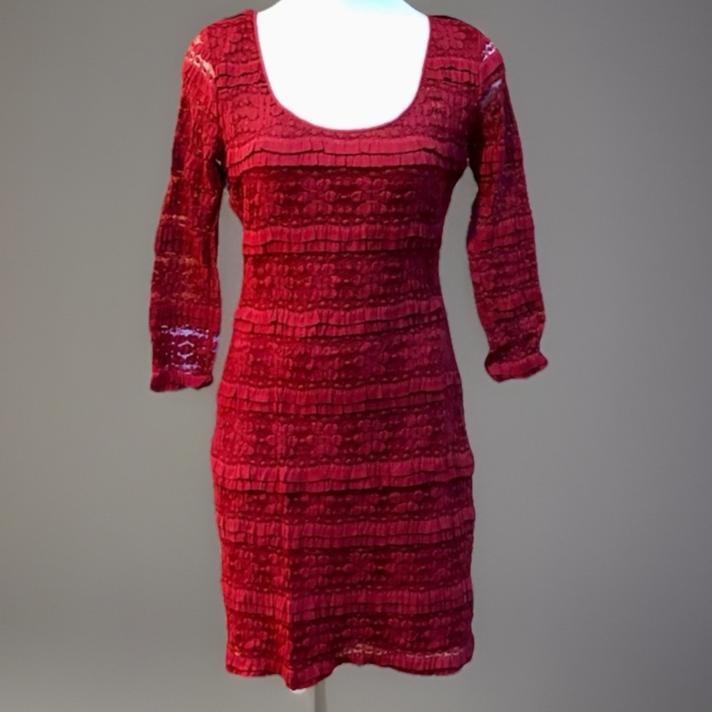 Max Edition S Crimson Red Textured Lace Overlay Long Sleeve Holiday Part…